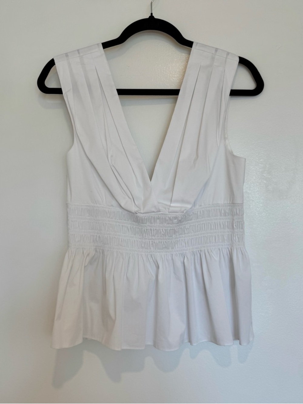 Veronica Beard White V-Neck Smocked Waist Peplum Top
